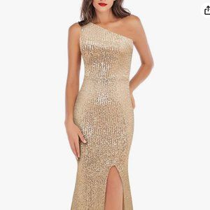 A ARFAR Party Sequin One Shoulder Long Formal Mermaid Evening Dress (Gold, M)